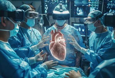 A group of doctors wearing blue scrubs and VR headsets participates in a heart surgery simulation in an advanced medical lab. The teamwork showcases modern technology and innovative medical practices.